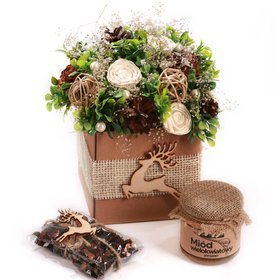Zestaw prezentowy, kompozycja kwiatów i roślin- flowerbox, miód, herbata