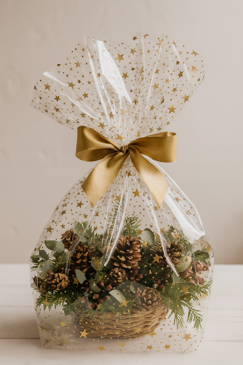 Celofan 50×70 cm – złote gwiazdki • 50 arkuszy/op. • folia dekoracyjna GrandDeco