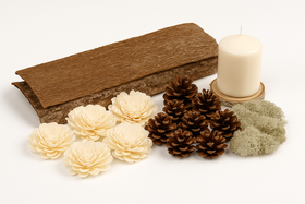 Zestaw DIY Naturalna Dekoracja ze Świecą – kora 28×10 cm, szyszki, kwiaty shola, mech – naturalny stroik handmade