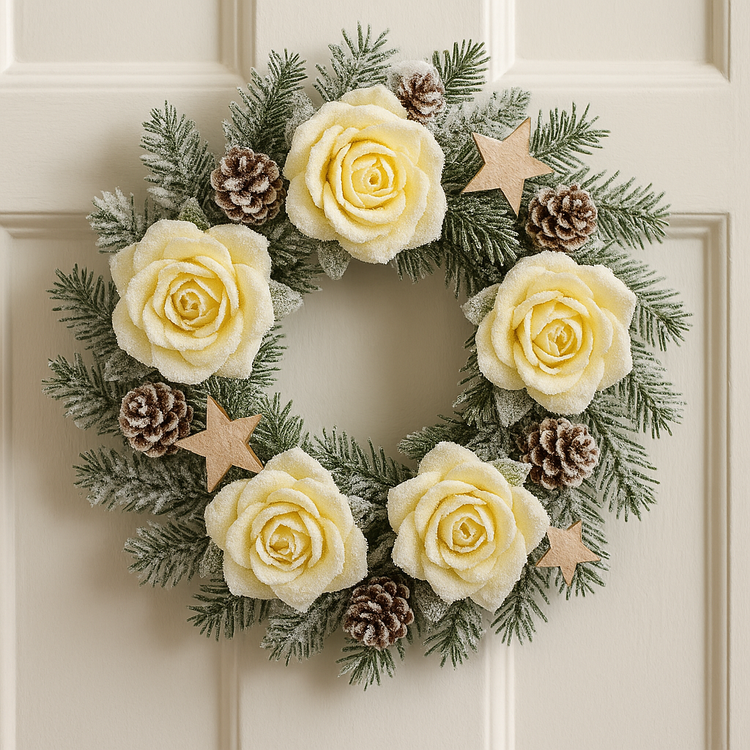 Kremowe Róże Szronione 12 cm – Główki Kwiatów Shola – 6 szt./op – Dekoracje Świąteczne, Stroiki, Wieńce