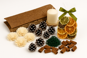 Zestaw DIY Naturalny Stroik Świąteczny – kora, mech, cynamon, szyszki malowane, suszone cytrusy, świeca – dekoracje handmade