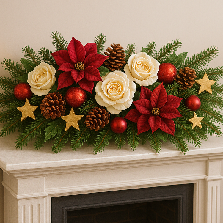 Dekoracja świąteczna 1 m na żywym igliwiu – róże, poinsecje, szyszki i gwiazdki