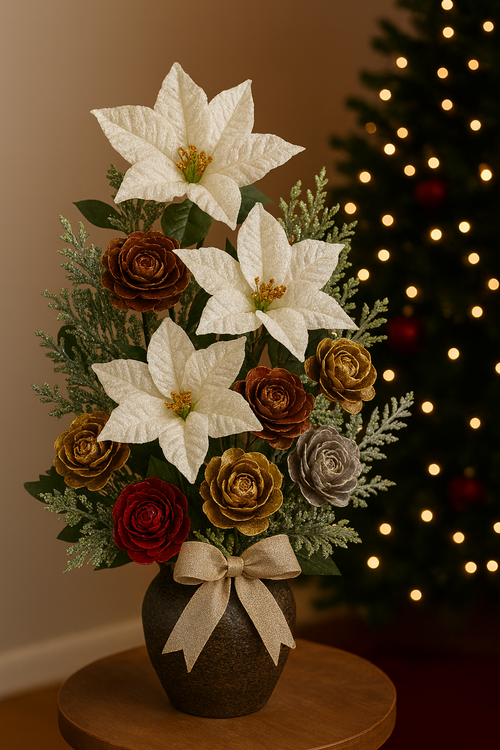 Zestaw dekoracyjny – Róże z szyszek malowane na złoto, srebro i czerwień (12 szt.) – kolekcja GrandDeco