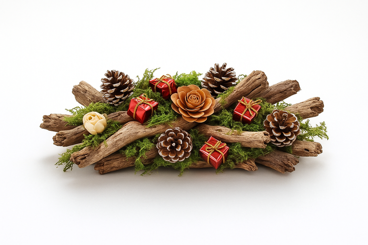 Naturalna dekoracja świąteczna z korzeni, mchu i dodatków