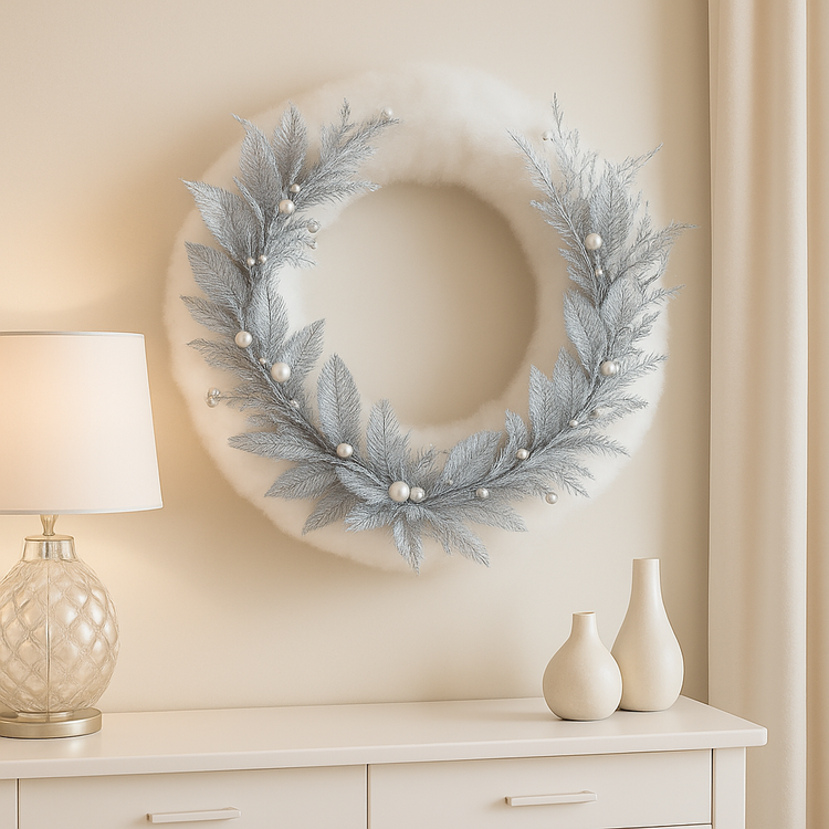 Miękki biały wianek  – idealna baza do zimowych dekoracji DIY (25 cm)