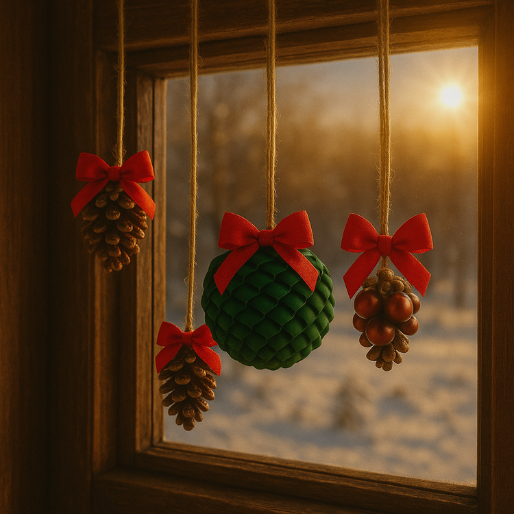 Zestaw 6 zielonych kul dekoracyjnych z kokardką – zawieszki świąteczne