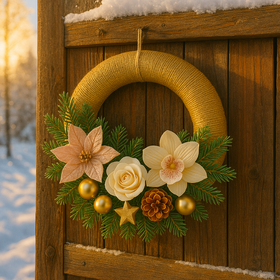 Wianek świąteczny 25 cm na złotej jucie z kwiatami i świątecznymi dodatkami