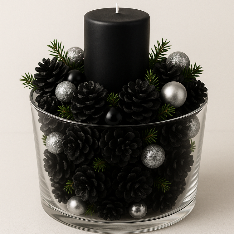 Szyszki dekoracyjne czarne z gałązkami i srebrnymi dodatkami GrandDeco – 1 l zestaw świąteczny glamour