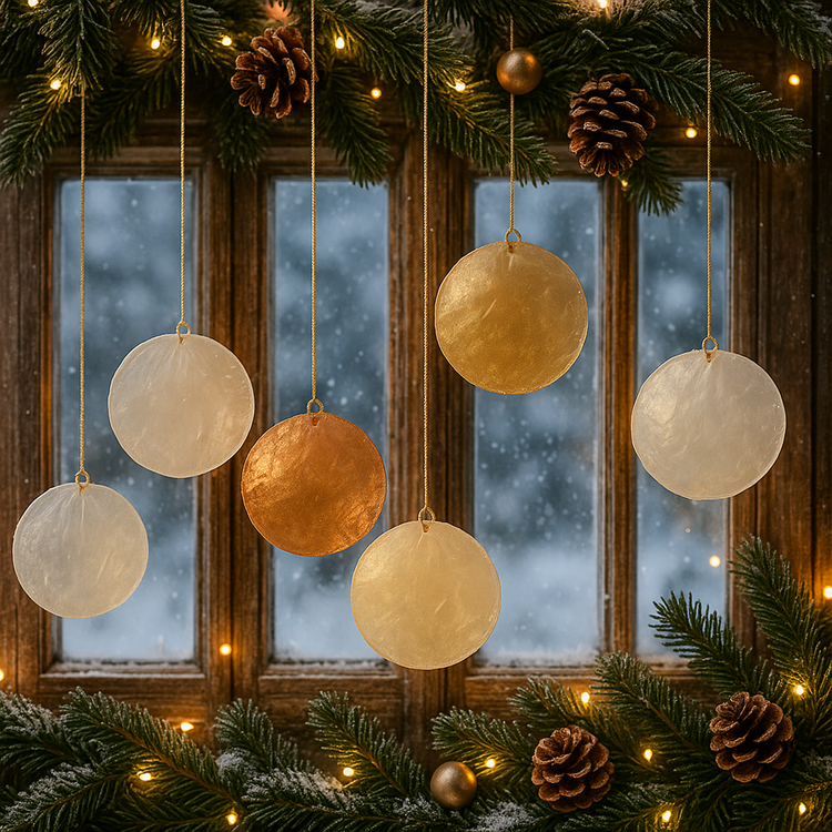 Muszle Capiz 7–11 cm 12 szt – GrandDeco Naturalne, perłowe krążki do dekoracji świątecznych i zimowych aranżacji