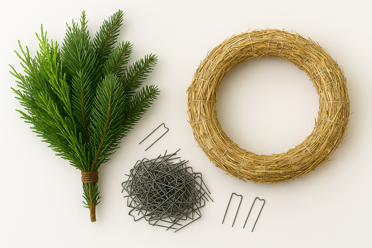 Naturalny wianek świąteczny z prawdziwego igliwia – zestaw DIY 25 cm | Tuja, cis, sosna, świerk