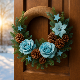 Wianek świąteczny jutowy z gałązkami i niebiesko-brązowymi dekoracjami