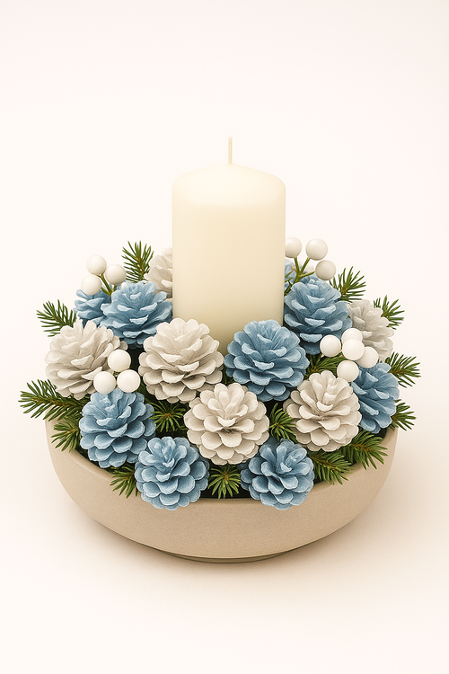 Szyszki dekoracyjne biało-niebieskie GrandDeco – 60 szt. zimowa elegancja w stylu scandi do stroików, wianków i dekoracji świątecznych