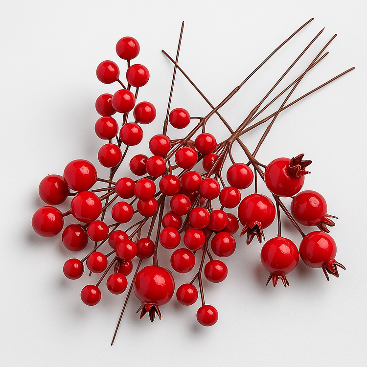 Mix czerwonych dekoracji na drucikach – jagody, kuleczki, dzika róża – zestaw świąteczny do stroików i DIY