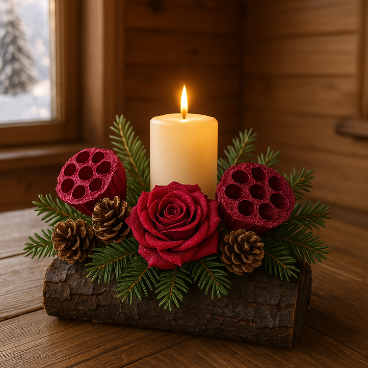 Stroik świąteczny na polanie ok. 30 cm – naturalne gałązki, róże, lotosy, szyszki i świeca