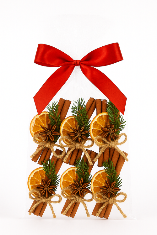 Dekoracja świąteczna z cynamonem 15 cm GrandDeco – 6 szt. naturalne ozdoby z pomarańczą, anyżem i świerkiem do stroików i prezentów