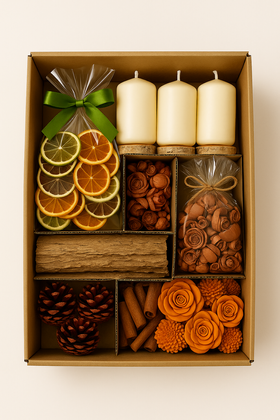 Zestaw DIY Naturalna Dekoracja Świąteczna – Kora, Świece, Kwiaty Shola, Owoce, Szyszki, Cynamon – Eko Prezent w Pudełku