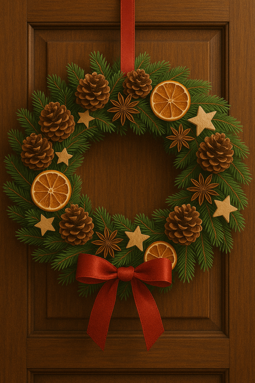 Klasyczny wianek świąteczny na żywych gałązkach – szyszki, anyż, pomarańcze i gwiazdki