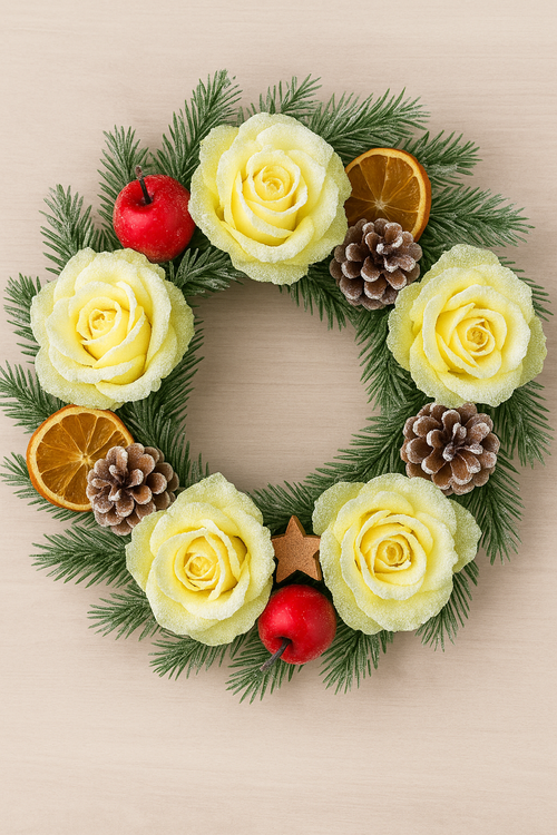 Róża dekoracyjna oszroniona 12 cm – zestaw 6 szt., pastelowy żółty – główki kwiatów do stroików, wianków, DIY