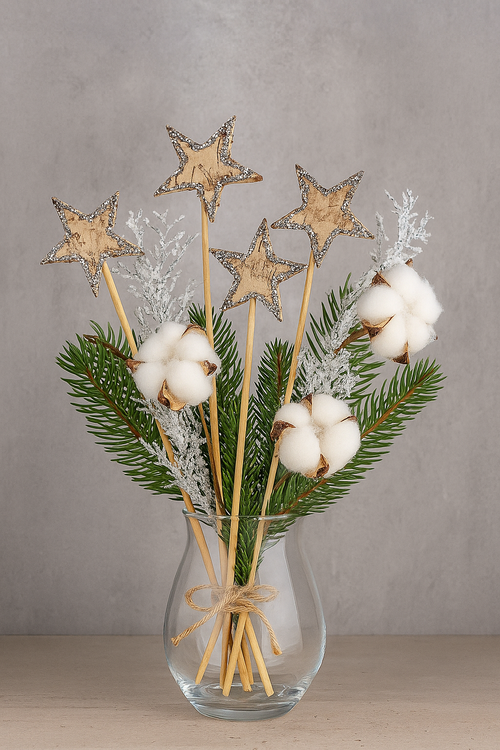 Brzozowe gwiazdki na piku 4/20 cm – naturalna dekoracja świąteczna (6 szt.) | Kolekcja GrandDecoflorystyka