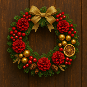 Wianek na drzwi z naturalnego igliwia – czerwono-złota dekoracja z szyszkami