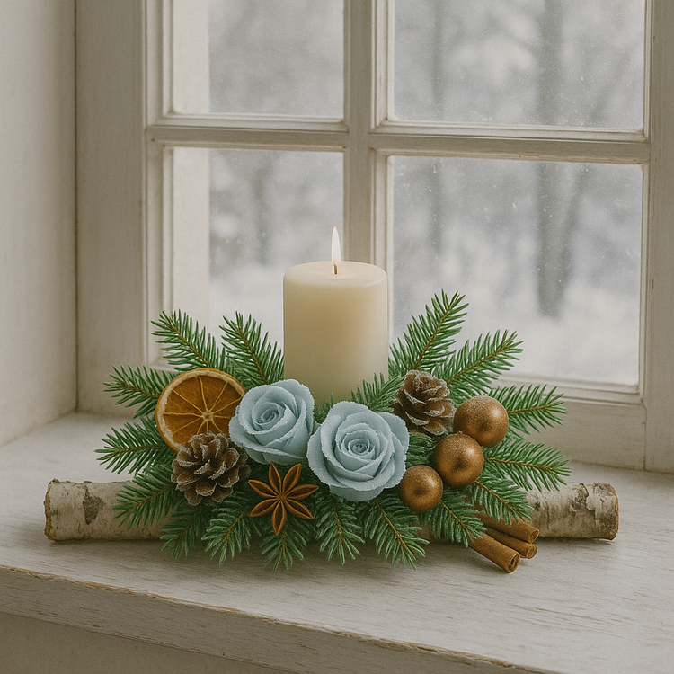 Stroik świąteczny ze świecą 25 cm na brzozowym polanie – złote bombki, błękitne róże i gałązki choinki