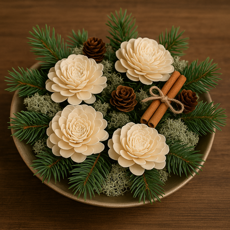 Świąteczna dekoracja w naczyniu 1 l z kwiatami sola – kolekcja GrandDeco – naturalny stroik z cynamonem i szyszkami