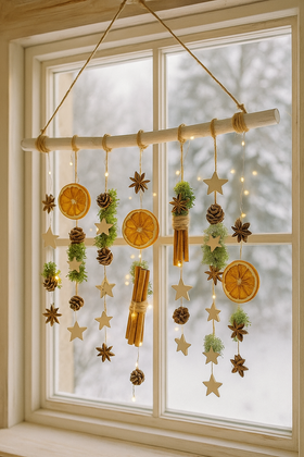 Zimowa Girlanda Okienna DIY na Drewnianej Belce | Suszone Pomarańcze, Szyszki, Cynamon, Anyż, Gwiazdki i Mech | Naturalna Dekoracja Świąteczna