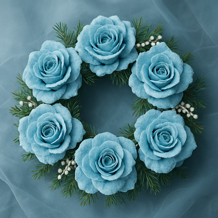 Oszronione róże dekoracyjne – 6 szt., kolor lodowy błękit, średnica główki 12 cm