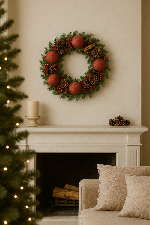 Świąteczny Wianek z Naturalnych Gałązek z Czerwonymi Kulami i Aromatycznymi Akcentami