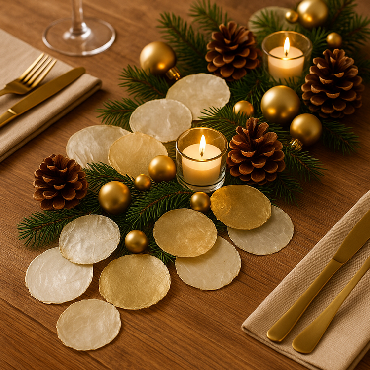 Muszle Capiz 7–11 cm 12 szt – GrandDeco Naturalne, perłowe krążki do dekoracji świątecznych i zimowych aranżacji