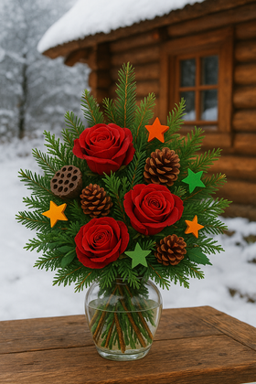 Bukiet świąteczny z gałązek iglastych – szyszki, czerwone róże, lotosy i kolorowe drewniane gwiazdki