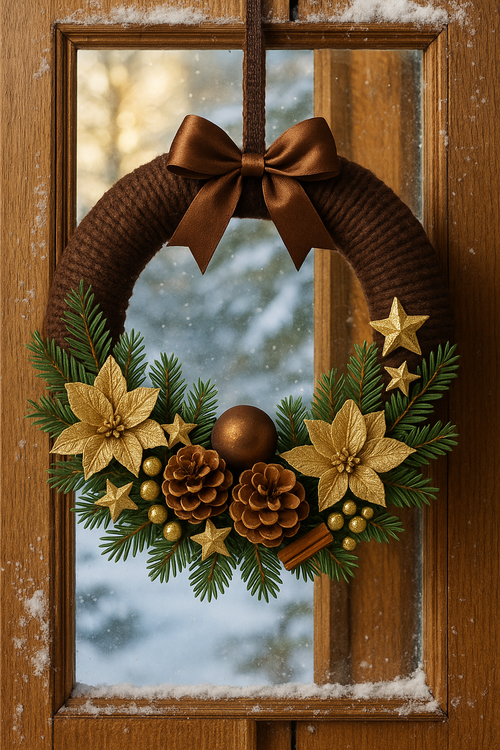 Wianek świąteczny brązowo-złoty z juty, szyszek i poinsecji z zielonymi gałązkami