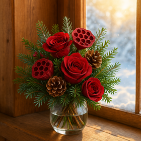 Bukiet świąteczny 30 cm – naturalne gałązki, szyszki, lotosy, róże, czerwień z lekkim brokatem