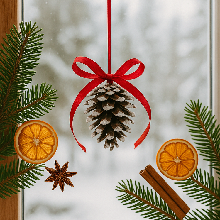 Szyszka z czerwonym akcentem – zestaw naturalnych zawieszek świątecznych