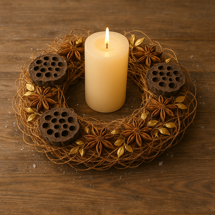 Zestaw naturalnych dekoracji: korzonki, anyż i lotosy – brązowo-złota kompozycja DIY