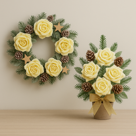 Zestaw Świąteczny GrandDeco – Wianek 25 cm + Bukiet 40 cm z Mrożonymi Różami i Szyszkami – Idealny Prezent