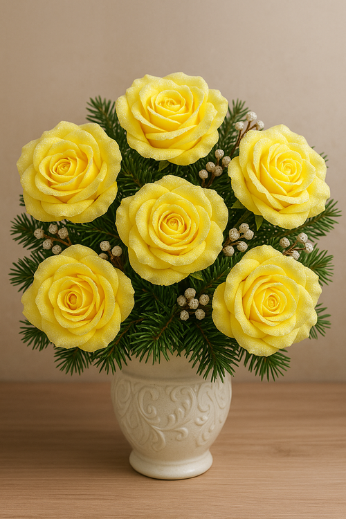 Oszronione główki róż żółtych 12 cm – 6 szt. Dekoracje premium GrandDeco