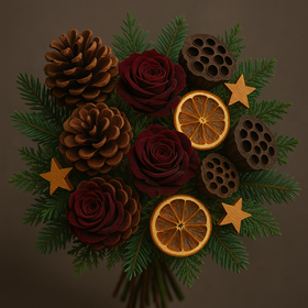 Bukiet zimowy 30 cm z igliwia – róże, szyszki, pomarańcze i lotosy