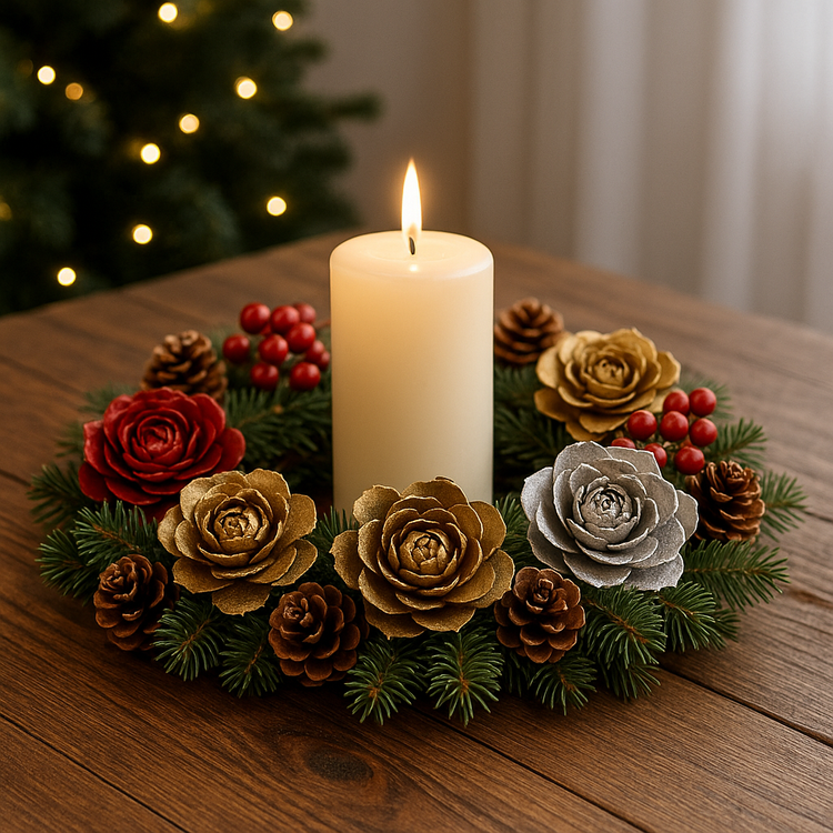 Zestaw dekoracyjny – Róże z szyszek malowane na złoto, srebro i czerwień (12 szt.) – kolekcja GrandDeco