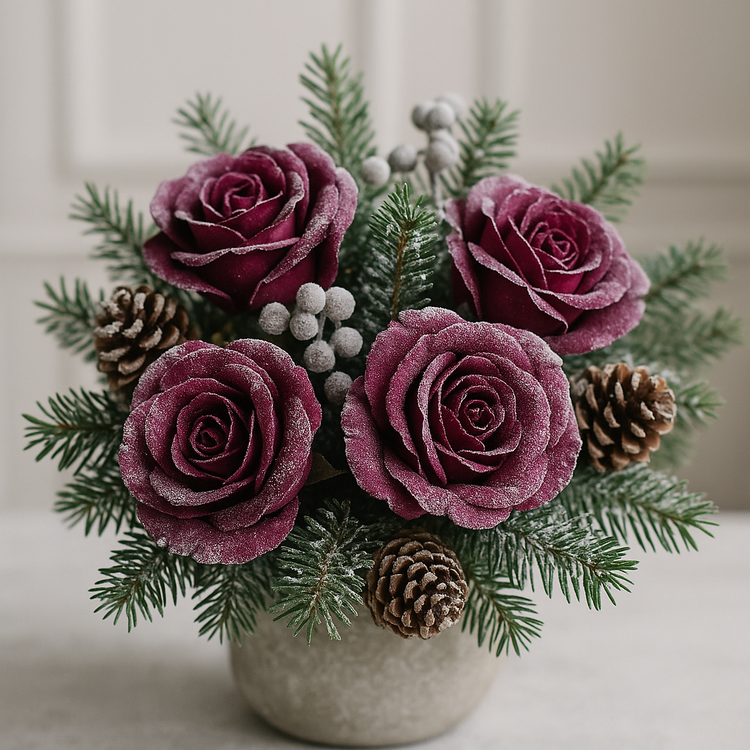 Fioletowe Ośnieżone Róże – 6 Główek Dekoracyjnych w Opakowaniu Prezentowym