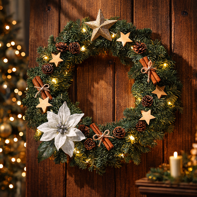 Świąteczny Wianek 30–35 cm z Oświetleniem LED – Prawdziwy Świerk, Cynamon, Szyszki i Biała Poinsecja | Kolekcja GrandDeco