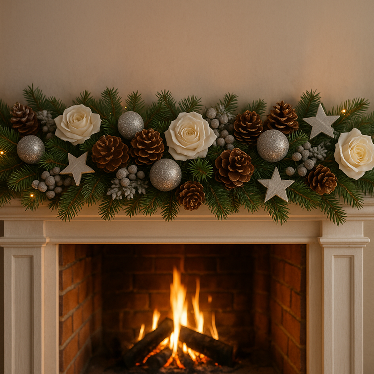 Girlanda świąteczna 150 cm – białe róże, srebrne dodatki, naturalne szyszki, dekoracja na kominek, schody i okno