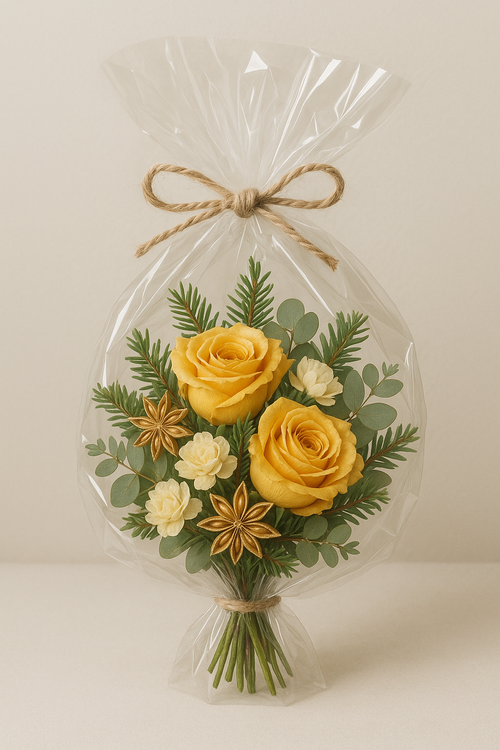 Niekonwencjonalny bukiecik świąteczny 30 cm – żółte róże, złote dodatki i zielone gałązki