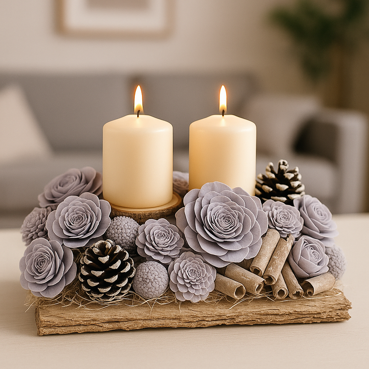 Zestaw DIY – Podwójna Zimowa Kompozycja na Jasnej Korze z Pastelowymi Kwiatami, Szyszkami i Świecami | Dekoracja Premium