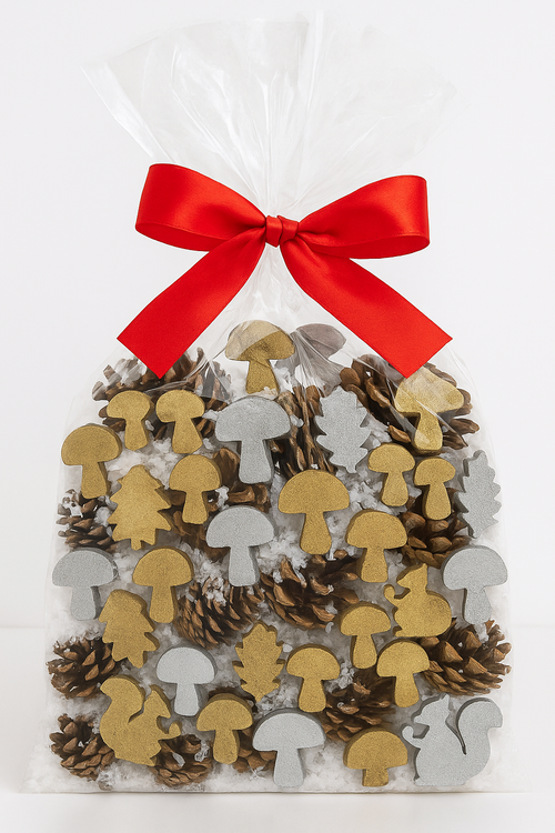 Zestaw DIY „Zimowy Las” – drewniane figurki złote i srebrne + śnieg + szyszki