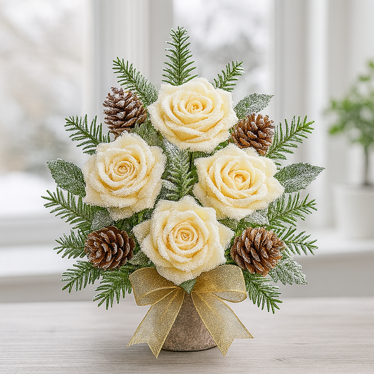 Kremowe Róże Szronione 12 cm – Główki Kwiatów Shola – 6 szt./op – Dekoracje Świąteczne, Stroiki, Wieńce