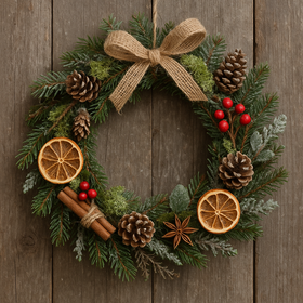 Leśny wianek z igliwia 25–30 cm – pomarańcze, cynamon, szyszki, juta