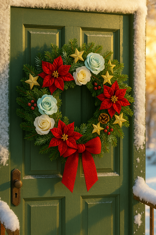 Wianek świąteczny 50 cm na sztucznym igliwiu – czerwone gwiazdy betlejemskie, róże, szyszki i jutowa kokardazyki i gwiazda betlejemska