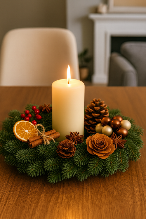 Zestaw DIY do stworzenia świątecznego wieńca – naturalne dekoracje, baza świerkowa, bombki, suszone owoce, jagody – komplet do samodzielnego wykonania