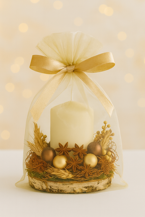 Stroik świąteczny GrandDeco 12 cm z naturalną dekoracją i świecą 16h – elegancja w złocie i brązach